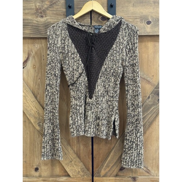 Vintage 90s Y2K Brown Knit Women’s Sz M Bell Sleeve Pullover Hooded Sweater - Picture 1 of 5
